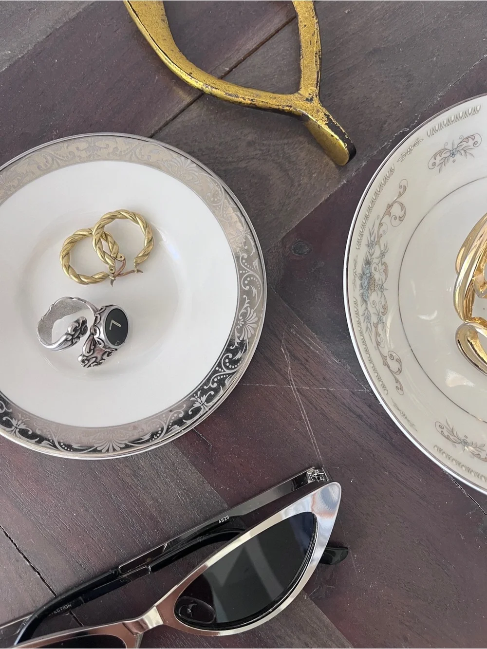 Vintage Silver White Chinese Porcelain Jewelry & Trinket Tray